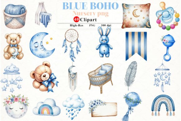 Blue Boho Nursery Clipart: 40 PNGs for Creative Projects