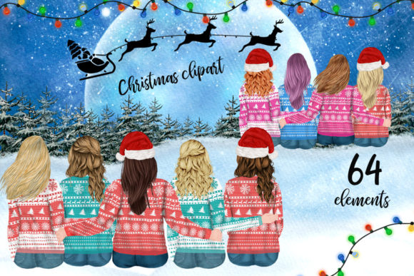 Christmas Girls Clipart: Festive Hand-Painted Design Assets