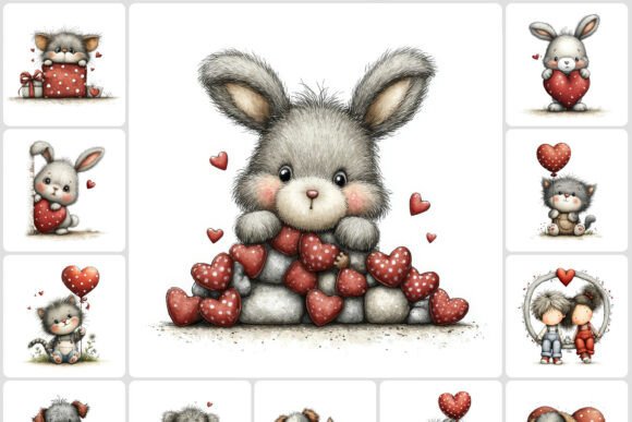 Peeking Valentine Kids Animals Clipart 4: A Playful Design Asset