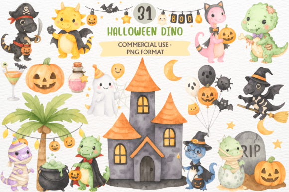 Watercolor Halloween Dino Clipart PNG: Creative Halloween Design